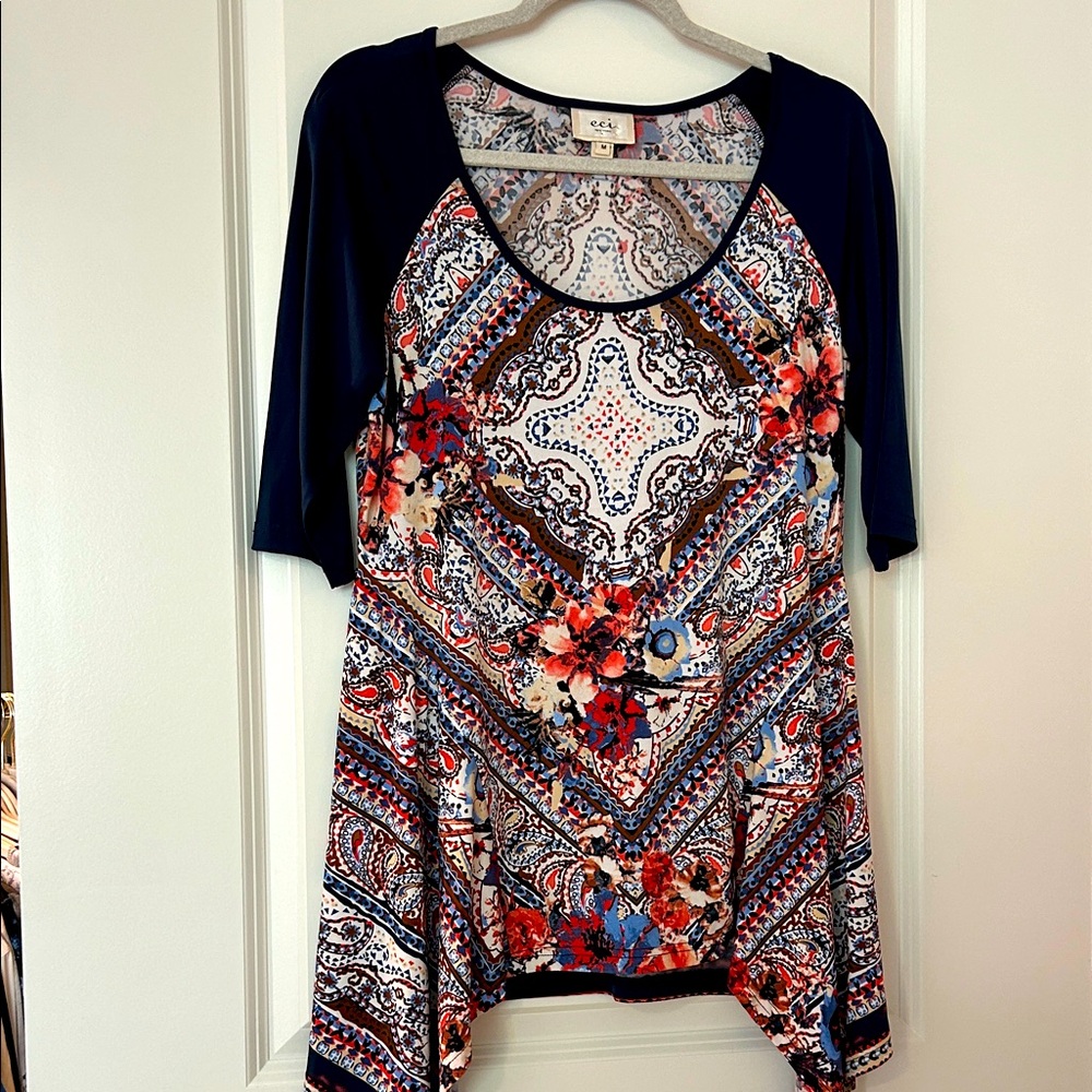 ECI Navy and Multicolor Floral Long Sleeve Tunic